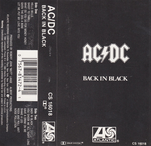 AC/DC Back In Black CASSETTE TAPE