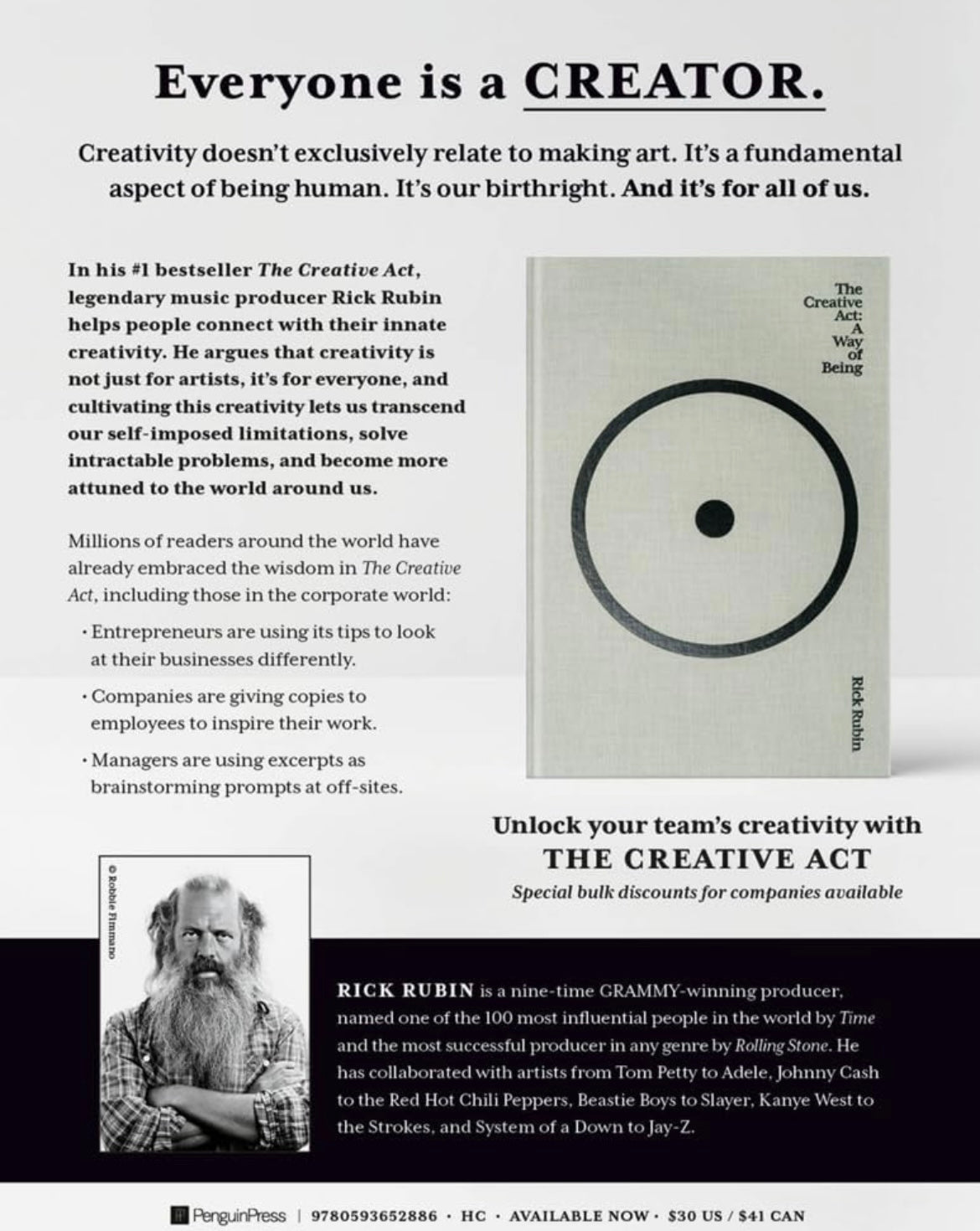 Rick Rubin “The Creative Act” Hard Cover 1st Edition Autographed