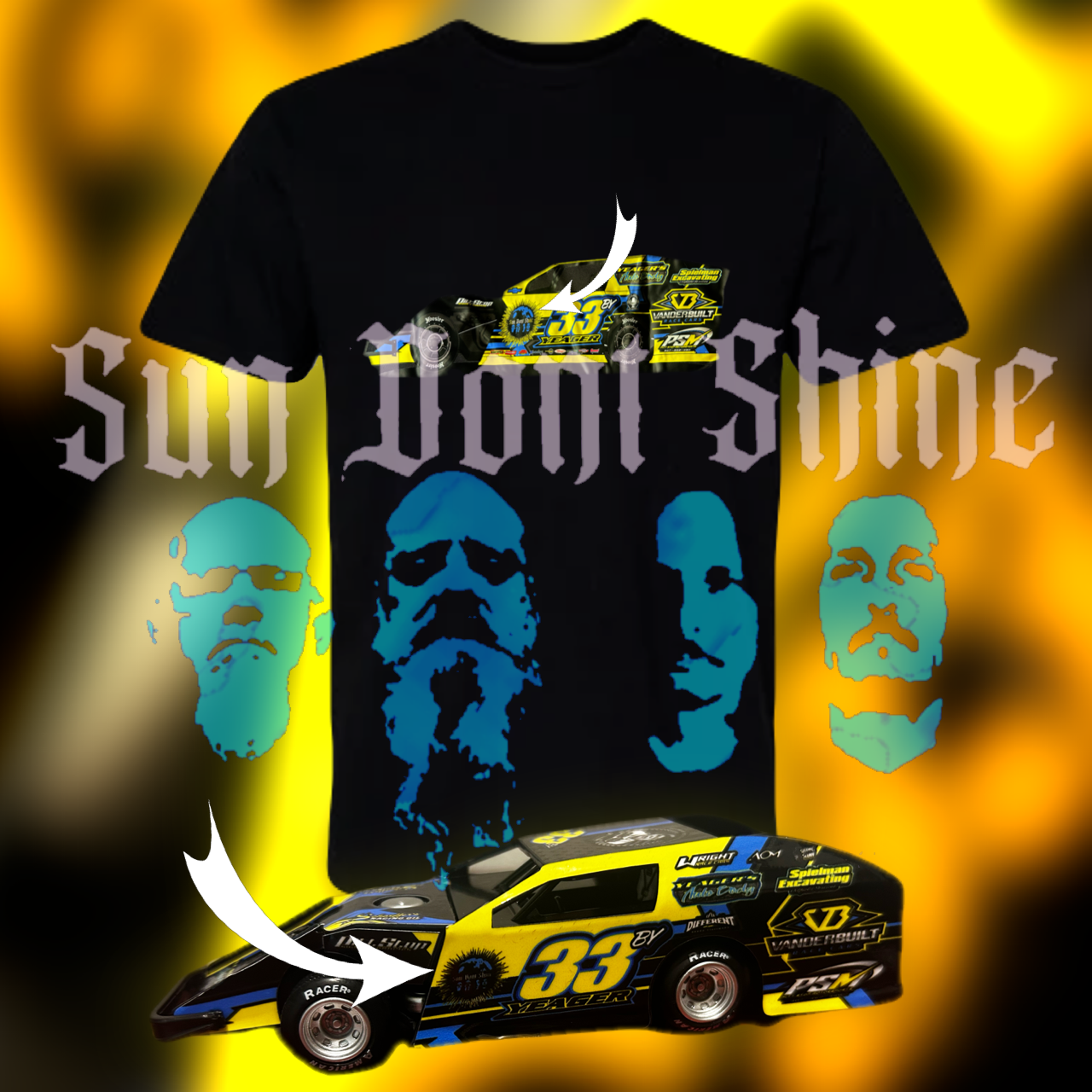 Sun Dont Shine X Yeager Racing T-Shirt and Mini Stock Car (extremely limited run)