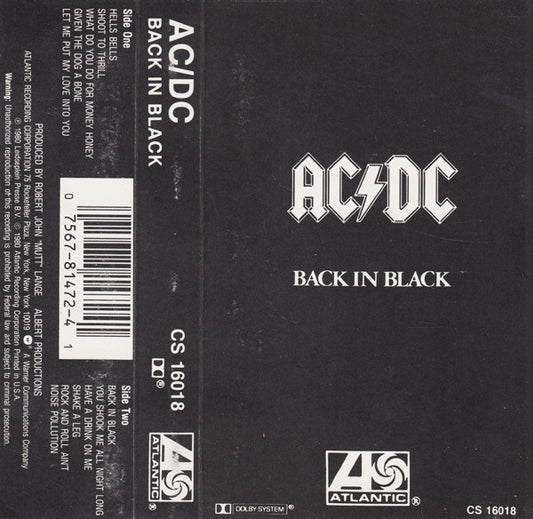 AC/DC Back In Black CASSETTE TAPE